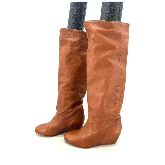 Candela Shoes - CANDELA Knee High Wedge Heel Boots Womens 8 Anthropologie Brown Boho Western 70s